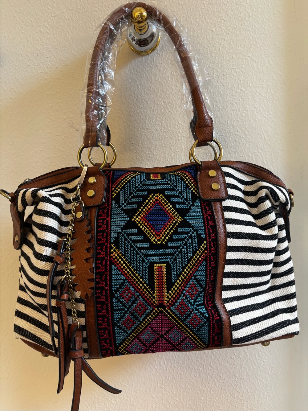 Brown Striped Tote with Colorful Embroidered Panel